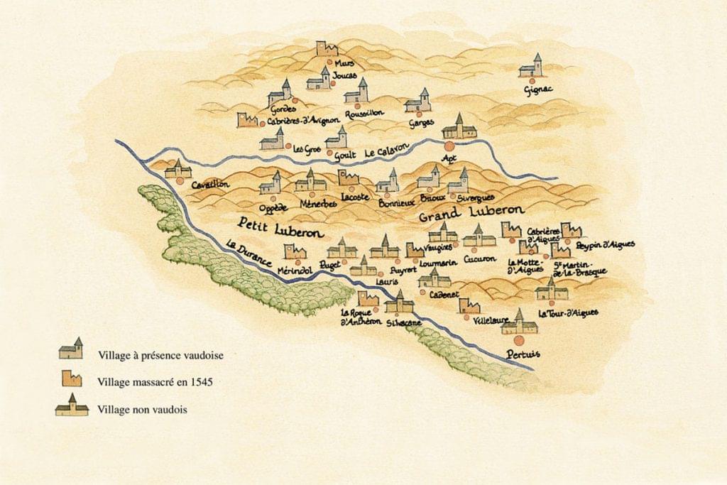 [Les villages vaudois du Luberon Dessin JM Kacedan – Gallimard]